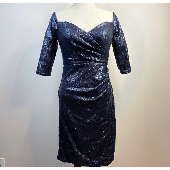 Rene Ruiz Collection Blue sequined ruched Knee Length Event Formal Dress 6 - Picture 2 of 15